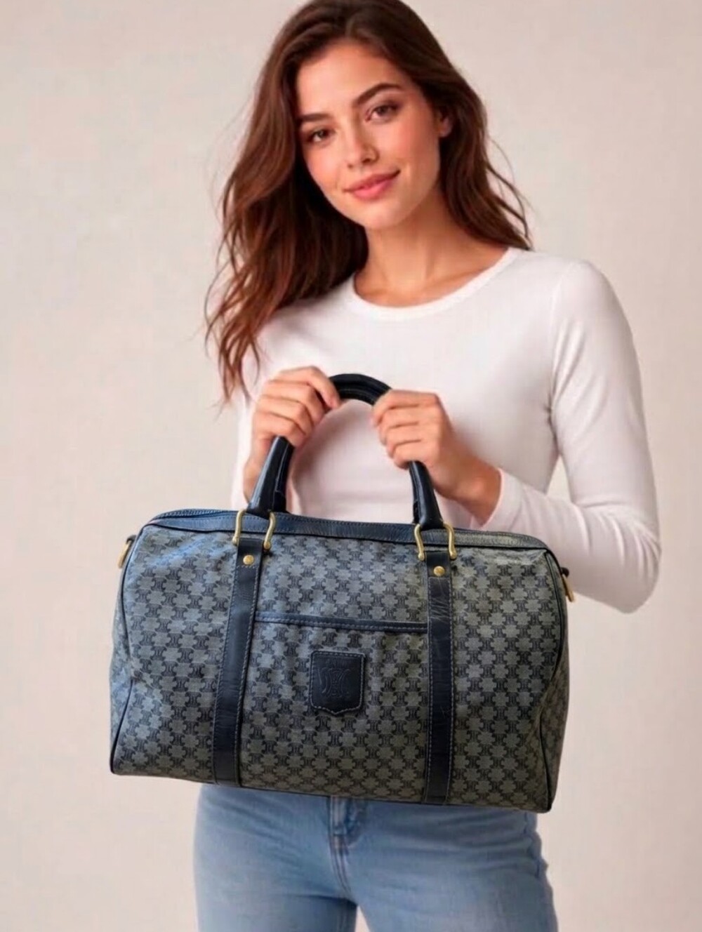 Celine • Vintage Macadam Boston Bag | Monogram in Gray/Blue